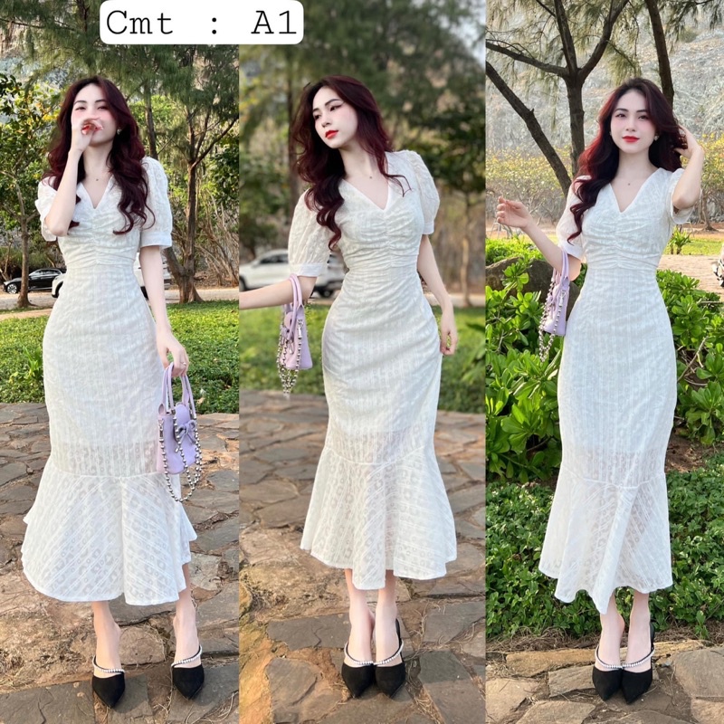 Đầm trắng midi đuôi cá nhíu ngực