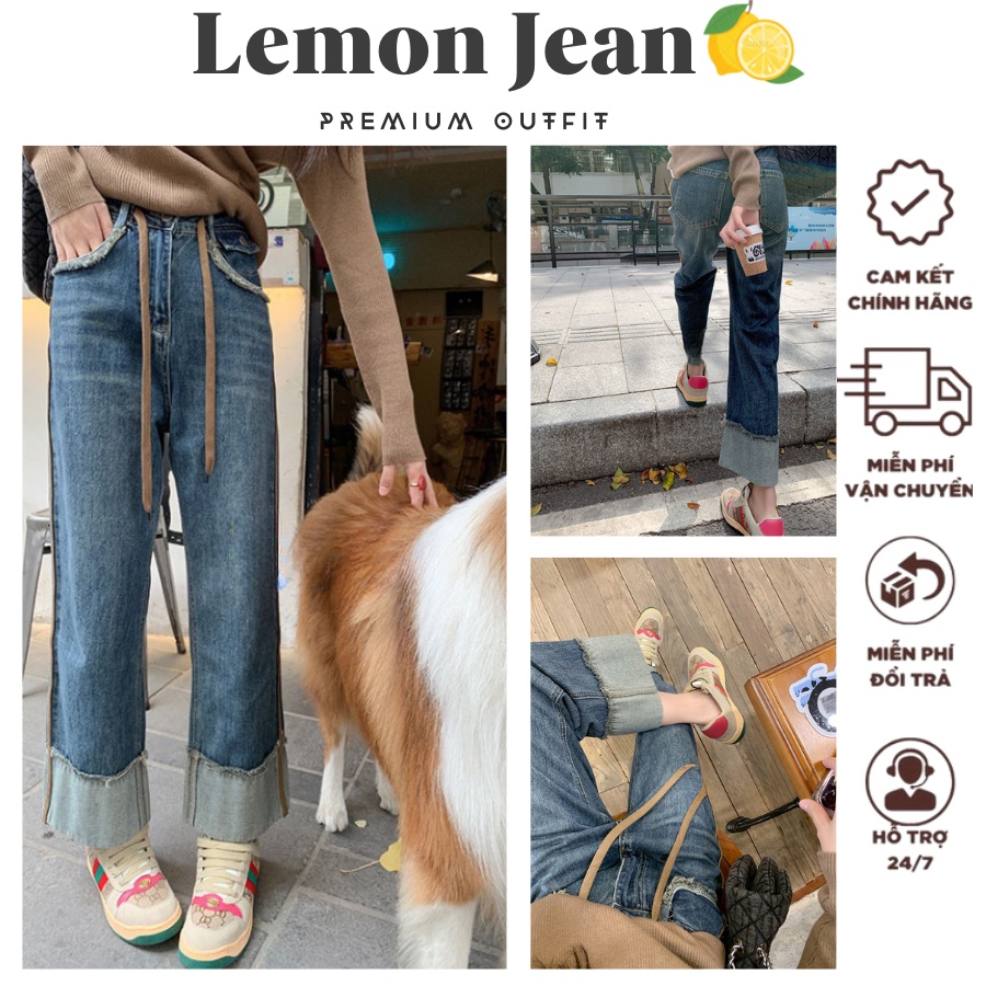 Quần jean nữ ống rộng lai lật phối túi tua rua chất jean Quảng Châu LM03