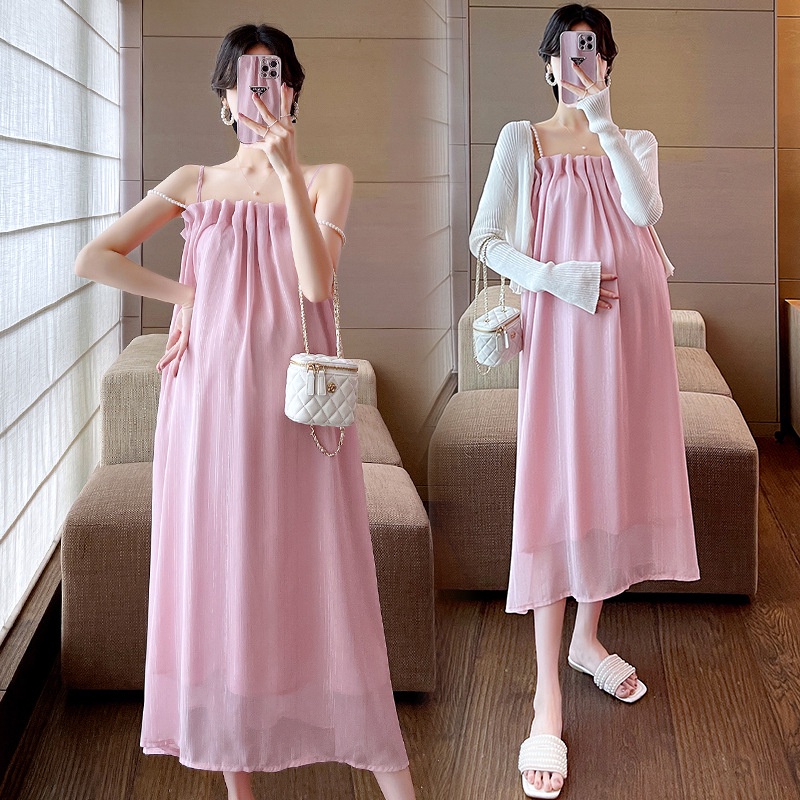 Young Mom | Set đầm bầu SET096 màu Hồng phấn gồm váy + áo cardigan, chất vải voan mềm, không nhăn hàng nhập Quảng Châu