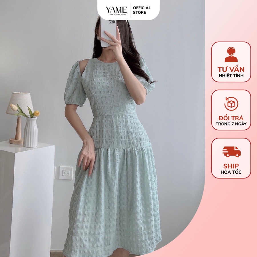 Váy tay bồng kiểu dáng basic trơn VNS05 chất vải tằm ý mềm mát không nhăn YAME