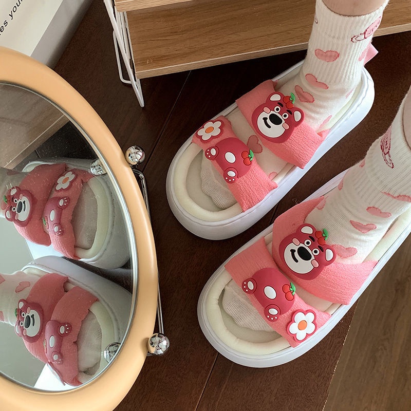 Dép Quai Ngang Đế Dày Gọn Nhẹ In Họa Tiết Hoạt Hình Phong Cách Hàn Quốc Xinh Xắn Cho Nữ