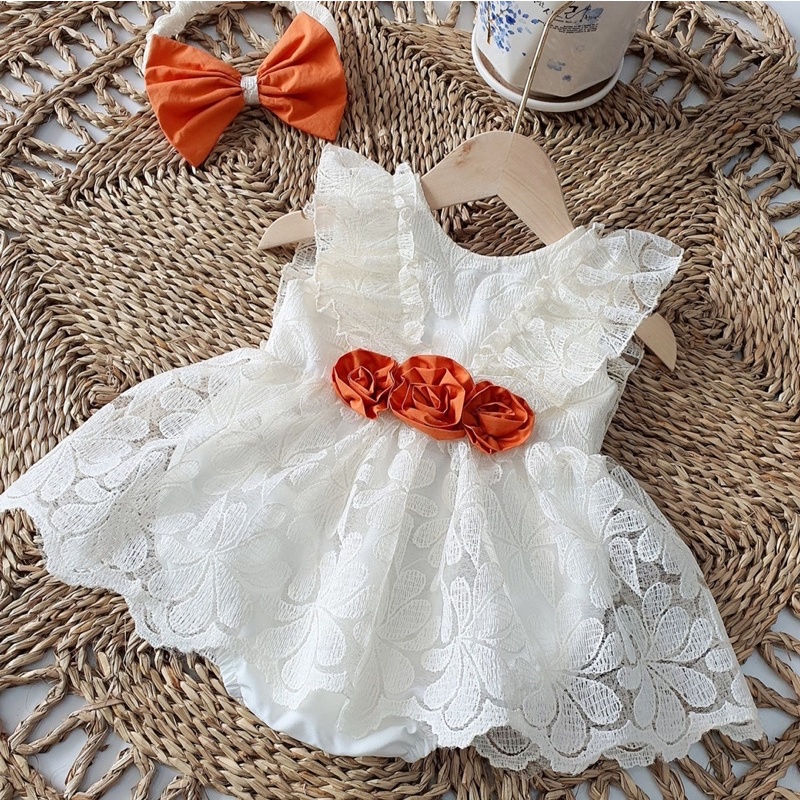 Body Handmade trắng nơ vàng bé gái phối nơ kèm nón 4kg-12kg