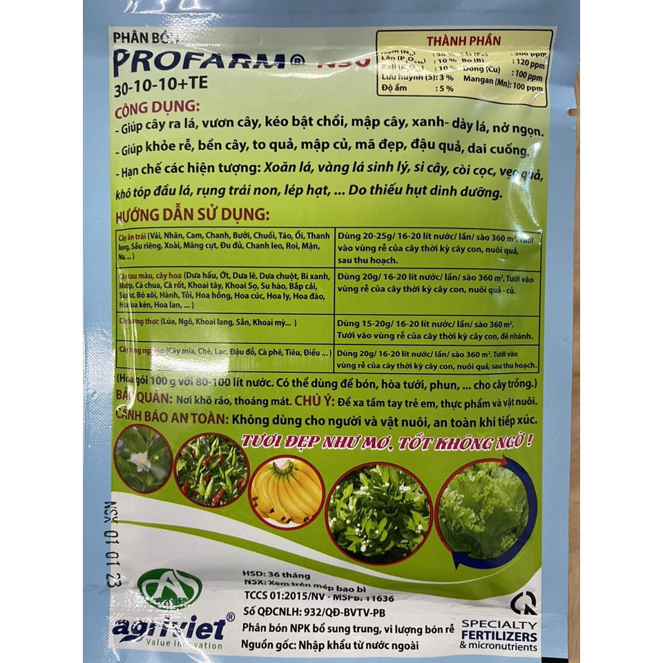 Phân bón lá cao cấp;· PROFARM- N30 30-10-10 + TE ; phân bón lá trung vi lượng; siêu vọt đọt; Siêu bật chồi, siêu bật lộc