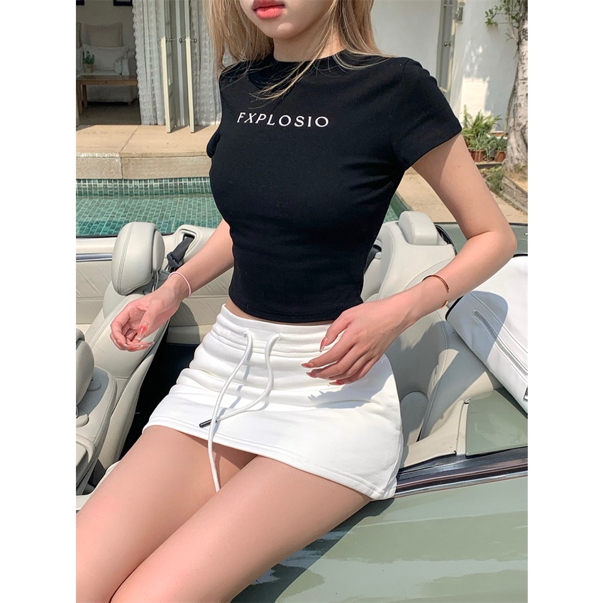 Set Áo Thun Ngắn Tay In Chữ + Chân Váy Chữ A Lưng Cao Thời Trang