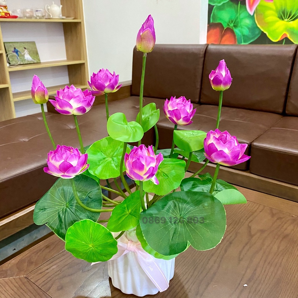 Hoa giả cắm sẵn - Chậu hoa sen giả cao cấp kèm bình sứ trang trí phòng khách, phòng ngủ, bàn trà.
