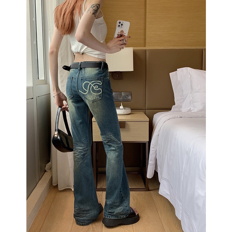 「MOTEL7」Quần Jeans Ống Loe Lưng Thấp In Họa Tiết Phong Cách Retro Hoài Niệm Cho Nữ