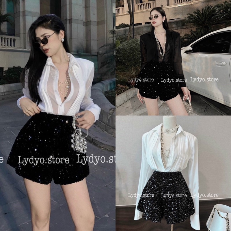 Set áo voan + quần sóoc đính kim tuyến lấp lánh bling bling, sang chảnh sexy body, dầm đi bar, váy đi quẩy hot