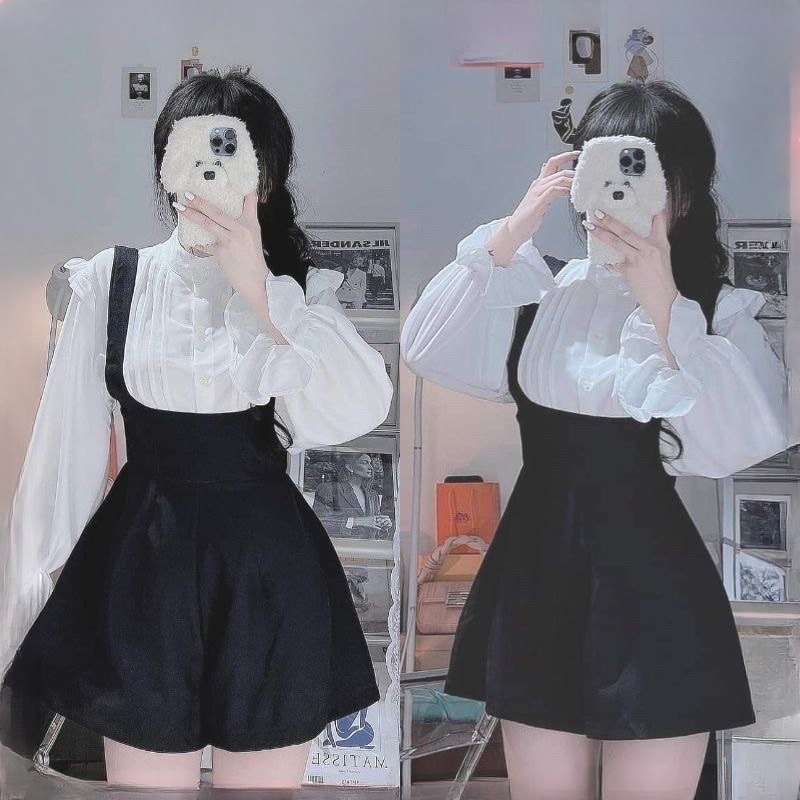 Set yếm quần nhung kèm áo sơ mi dài tay bèo xinh xắn TABISHOP set jumsuit nữ màu đen trắng mặc tết đi chơi đi dạo
