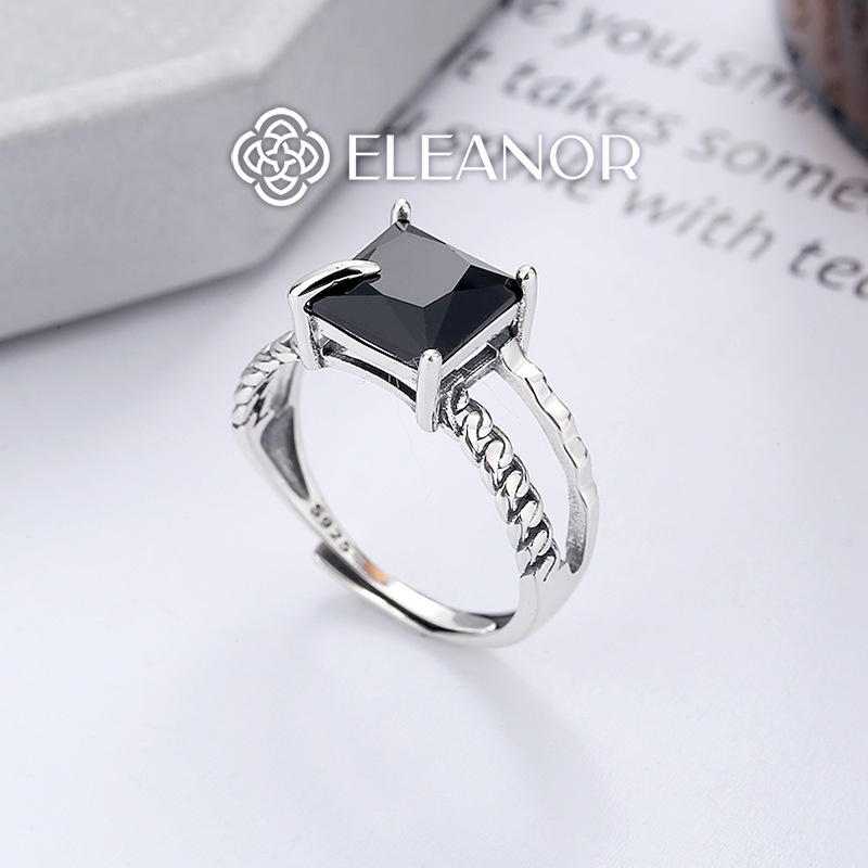 Nhẫn nữ hở bạc 925 Eleanor Accessories viền đan xoắn đính đá vuông phụ kiện trang sức 5426