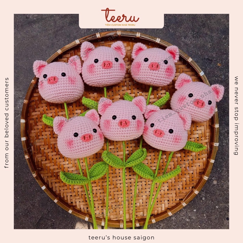 Hoa Len Hình Heo hồng, móc bông hoa heo hồng bằng len handmade - Crochet Teeru's House