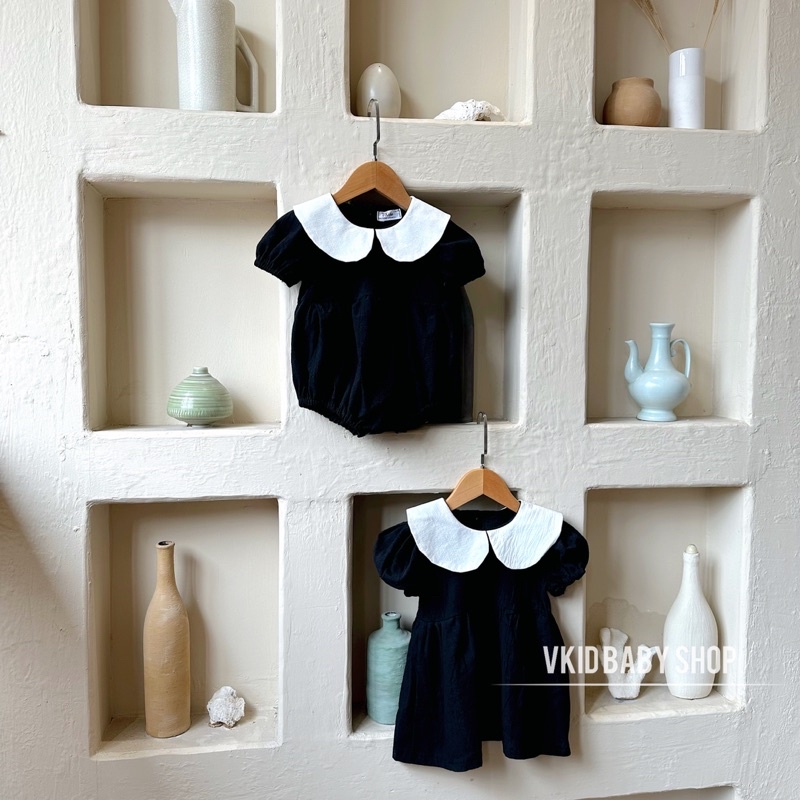 V9 Bộ liền thân bodysuit đen cổ trắng Vkid phong cách tiểu thư cho bé gái size 5-13kg