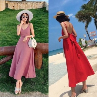Đầm xoè voan lụa maxi 2 dây thắt nơ lưng, đan dây lưng trần gợi cảm màu đen, đỏ, hồng be YADO T137