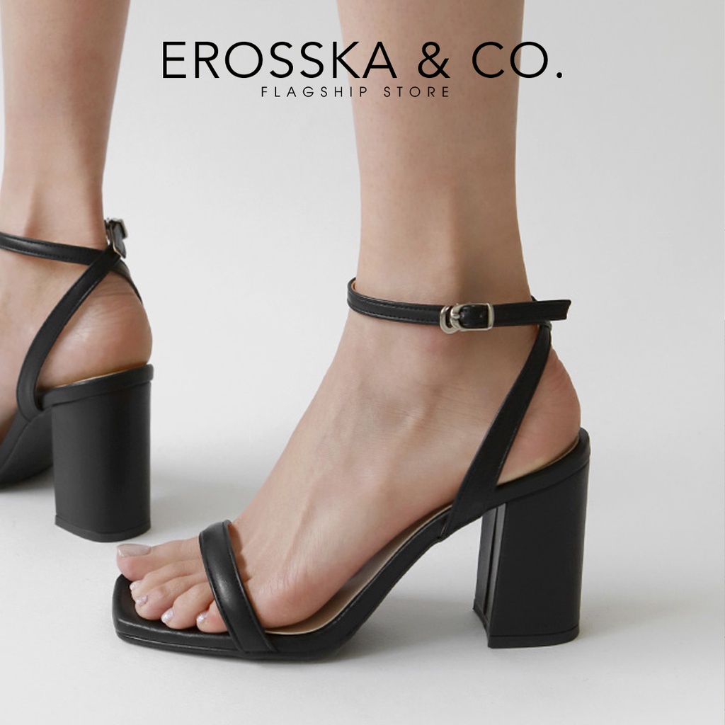 Erosska - Giày sandal cao gót nữ mũi vuông phối dây quai mảnh kiểu dáng cơ bản cao 7cm màu đen - EB061