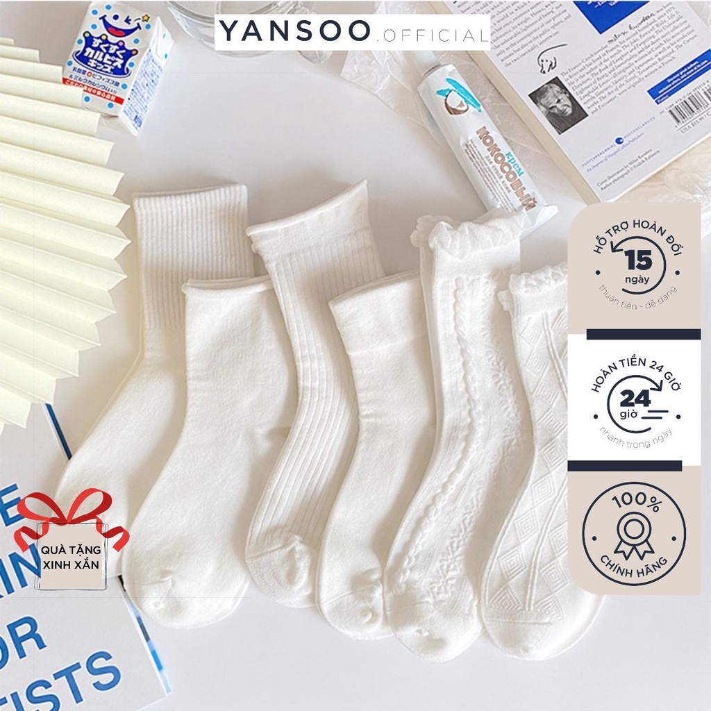 Tất nữ Yansoo cổ cao vintage dễ thương chất cotton co giãn 4 chiều thoáng khí phong cách màu trắng PK20