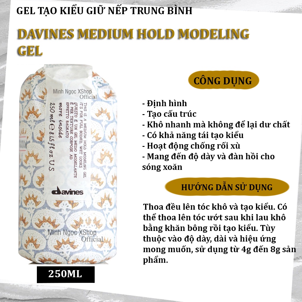 Gel tạo kiểu giữ nếp trung bình Davines Medium Hold Modeling Gel 250ML