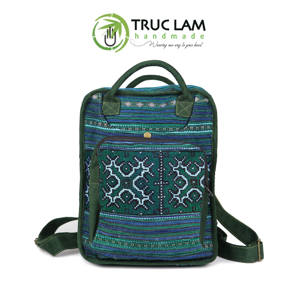Balo Nam Nữ Thời Trang Unisex Trúc Lâm Handmade TCBL08 Vải Thổ Cẩm Phối Viên Da Lộn Cao Cấp Kiểu Dáng Đa Năng Hiện Đại