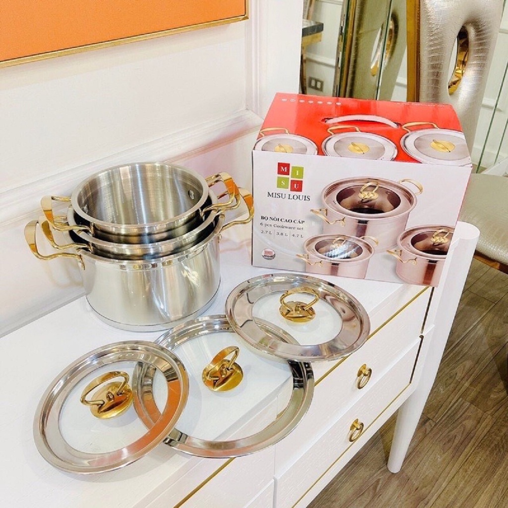 Bộ Nồi 3 Món Inox 304 Cao Cấp MISU LOUIS 18CM-20CM-22CM Chính Hãng, Đáy Liền Nguyên Khối 3 Đáy, tay cầm cách nhiệt an to