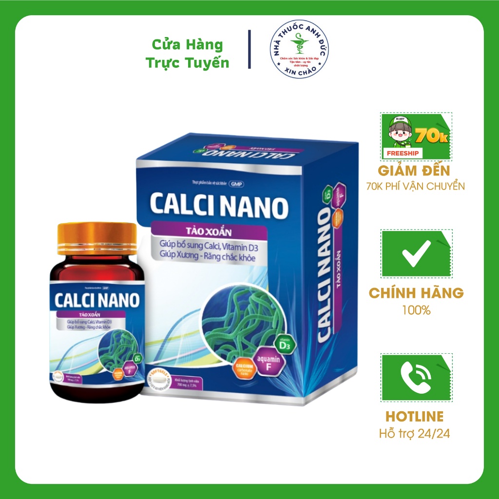 Viên uống canxi cho bà bầu Calci Nano, kết hợp tảo xoắn, Aquamin F, Vitamin K2, D3 - Hộp 60 viên - NT Anh Đức