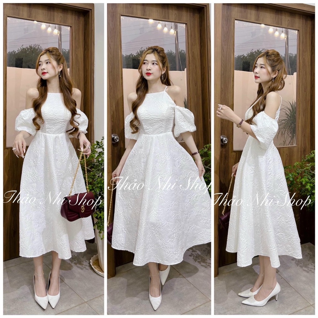 Đầm váy nữ cổ yếm dáng xòe bẹt vai chất gấm họa tiết gân nổi sành điệu