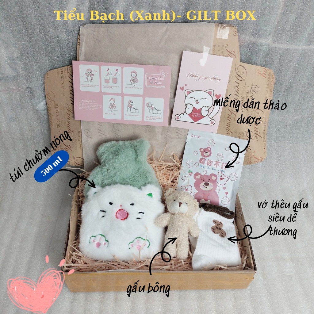 Box quà tặng bạn gái combo 5 món túi chườm nóng 500ml nhung mềm dễ thương
