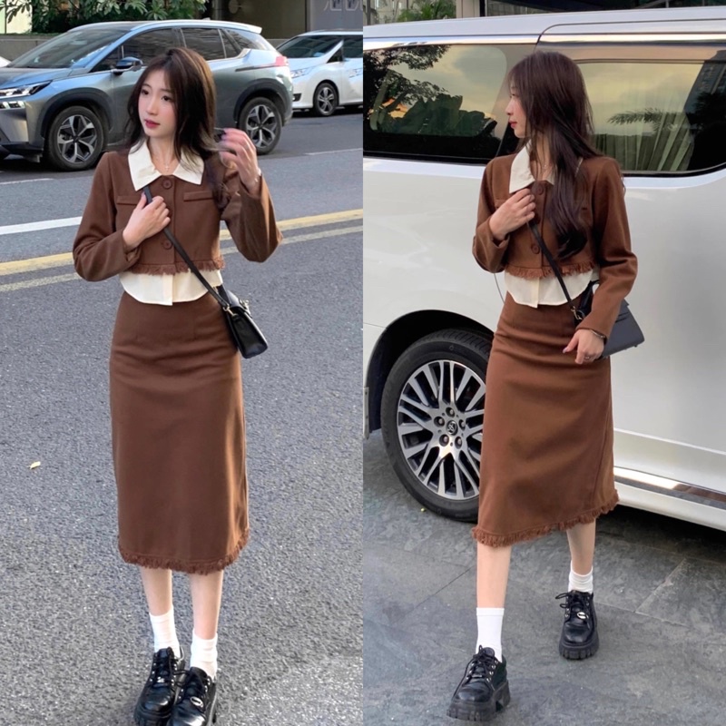 Set Dạ Croptop Mix Sơmi Hàng Thiết Kế Dou.dress