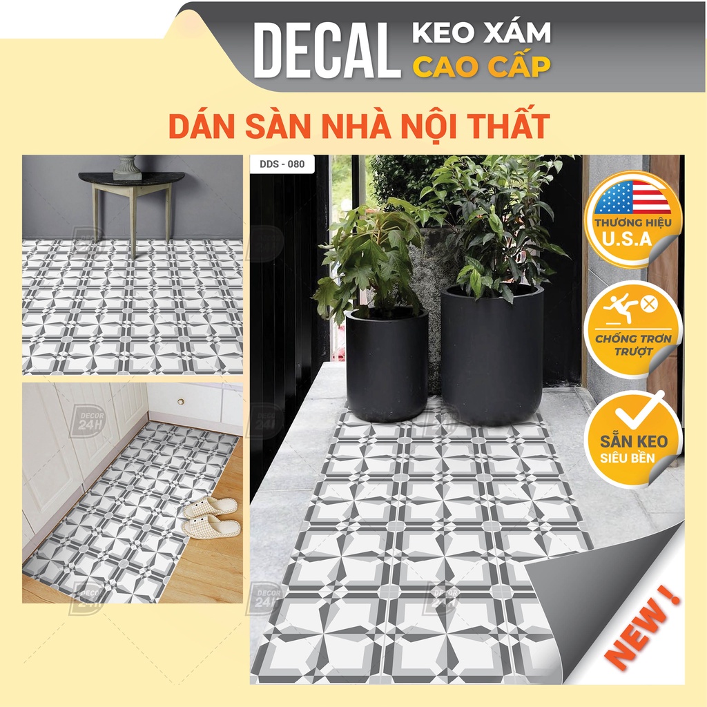 Decal KEO XÁM Dán Sàn Chuyên Dụng, Họa Tiết Gạch Bông Chống Thấm Nước Kích thước 120x60cm, Decal Cao Cấp DDS-080