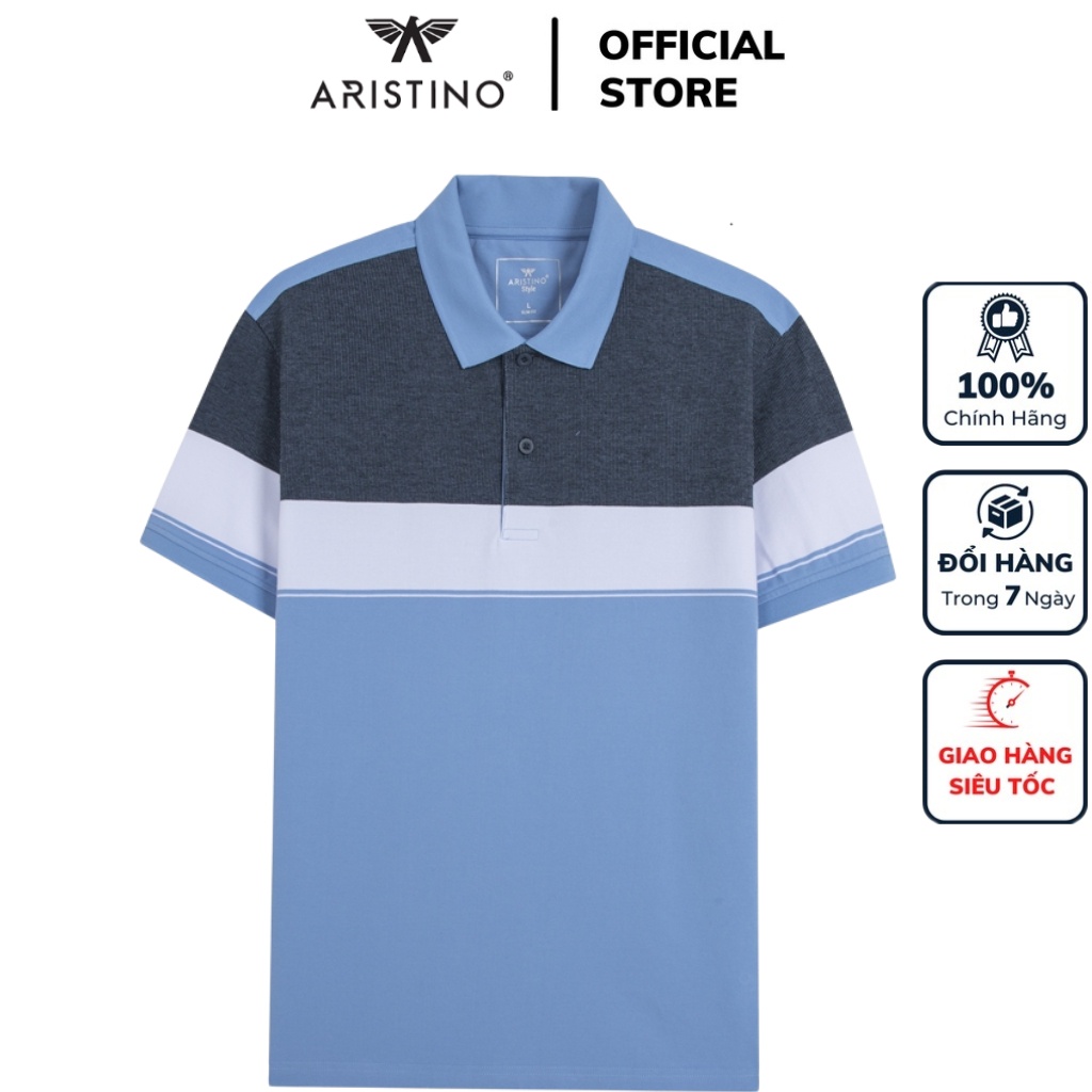 Áo thun polo nam Aristino APS122S3 phông ngắn tay cổ bẻ công sở dáng màu xanh biển kẻ jacquard vải cotton cao cấp