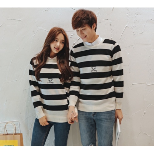Áo len đôi đẹp ❤️FREESHIP❤️ áo len cặp thu đông nam nữ cổ tròn dài tay phối sọc thêu logo L45