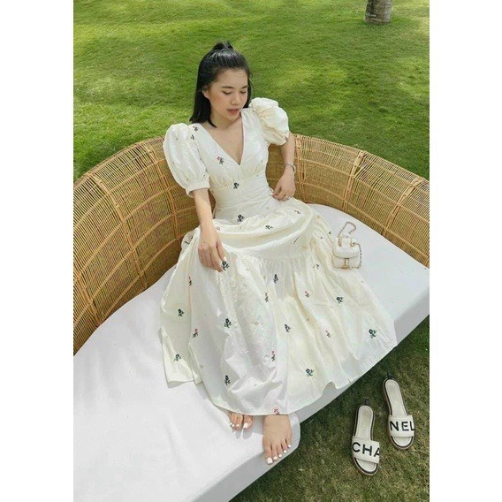 ĐẦM MIDI TAY BỒNG DÁNG DÀI CÀI KHUY VÁY VINTAGE XÒE TIỂU THƯ