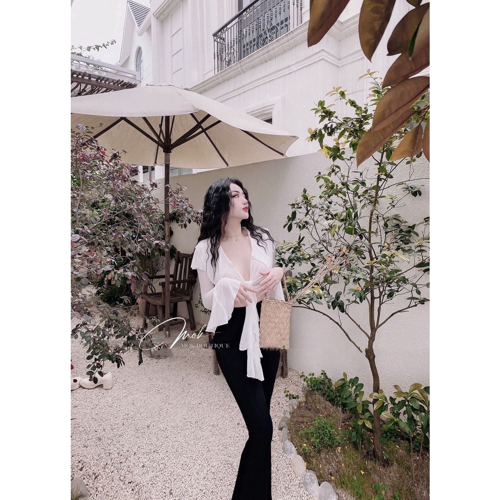 Set Áo voan Dây bèo Tay dài tua rua Quần Ống loe Lưng cao Chuẩn hàng Thiết kế