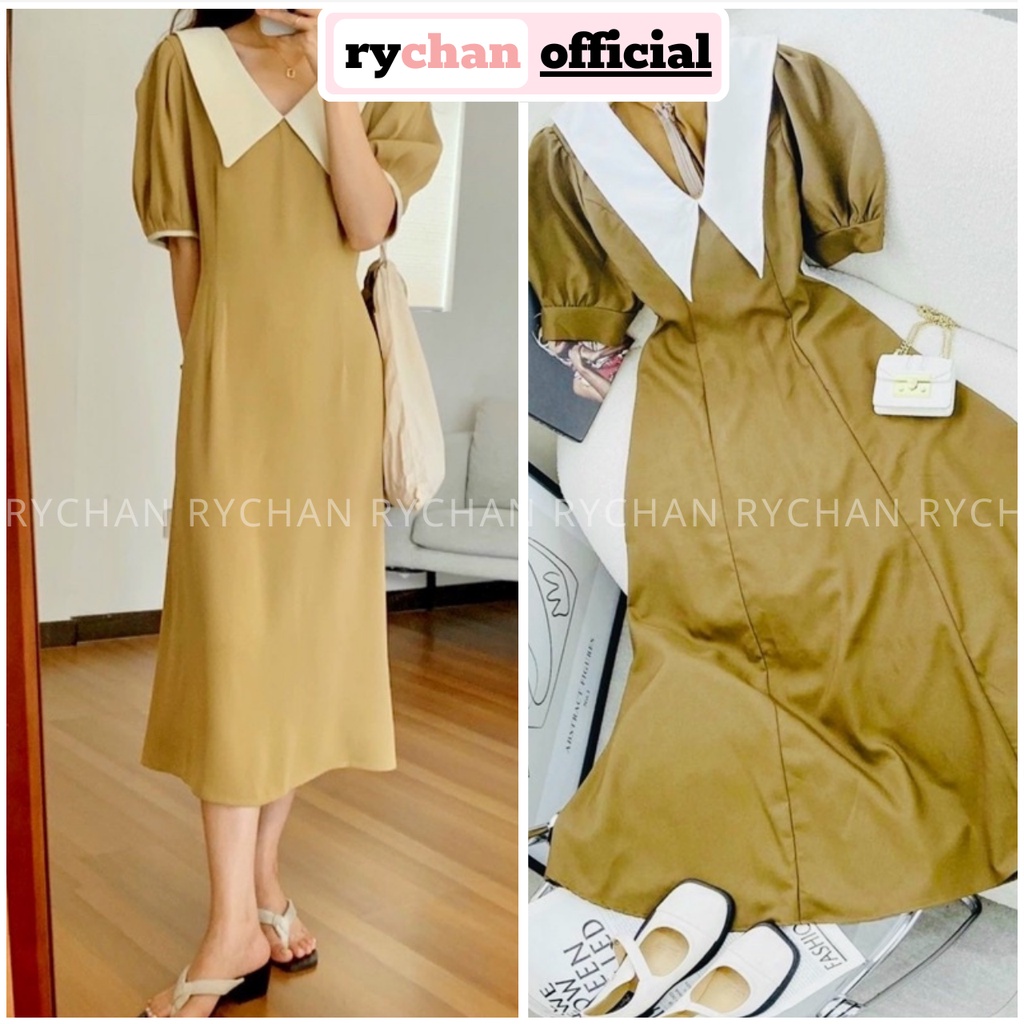 [ẢNH THẬT CUỐI] Đầm Váy Nữ Tay Ngắn Cổ Lá Phối Trắng Thanh Lịch, Đầm Nữ Dạo Phố Form Dài Basic Xòe Màu Kem - DX360