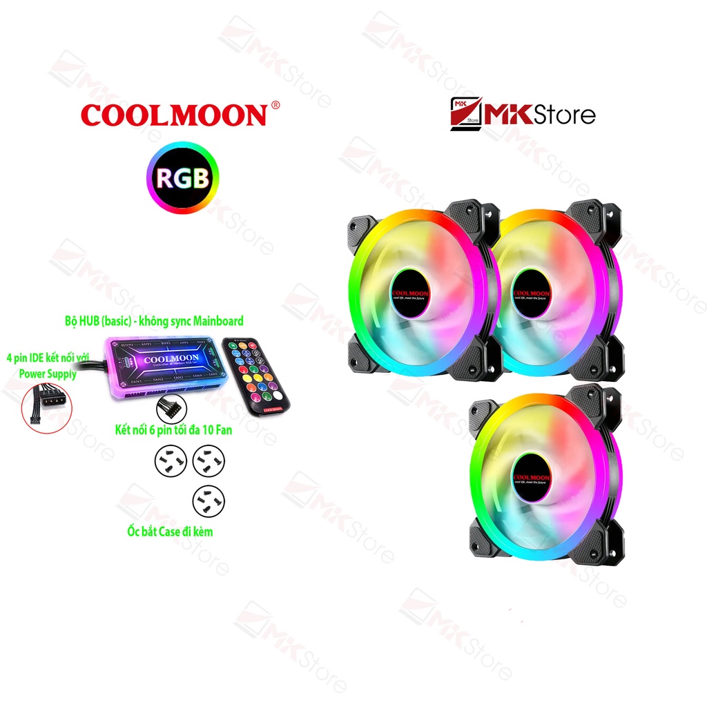 COMBO 3 Quạt Coolmoon Sunshine v2 RGB LED ring 12cm (kèm HUB + điều khiển)