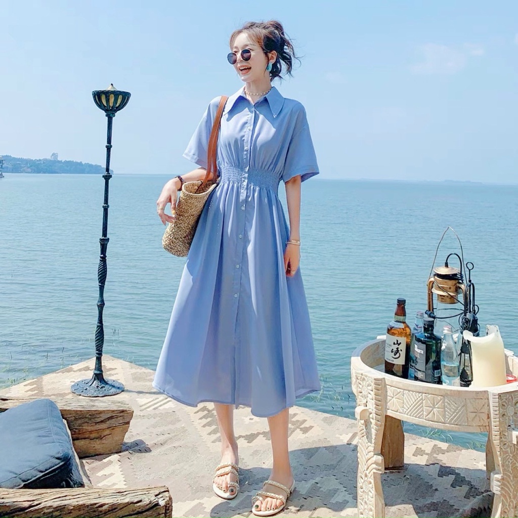 Đầm váy freesize sơ mi chun eo 2 màu