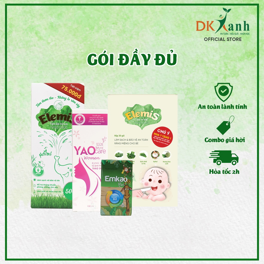 Combo 1 Chai Nước Tắm Elemis 500ml + 1 Hộp Rơ Lưỡi Thảo Dược Elemis 30 Cái + 1 Chai Bọt VSPN Yaocare wome+1 Vitamin D3K2