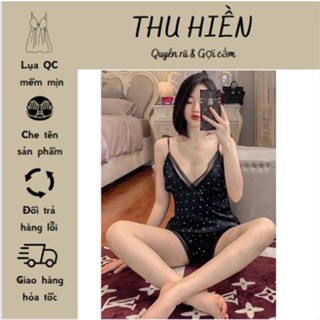 Mã 17 - Đùi 2 dây ngủ lụa- đồ mặc nhà họa tiết chấm bi- hàng quảng châu lụa mềm mát