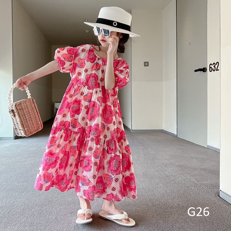 Váy maxi họa tiết hoa hồng cho bé giá 9-36kg nhí nhỡ đại G26