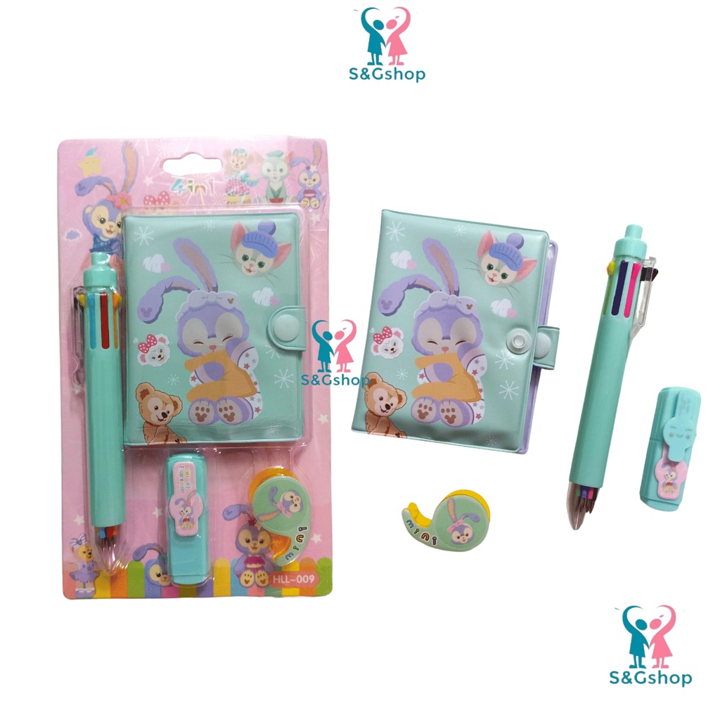 Sổ nút A7 kèm bút 8 ngòi, dạ quang mini, băng kéo sticker nhiều hình cute ngẫu nhiên