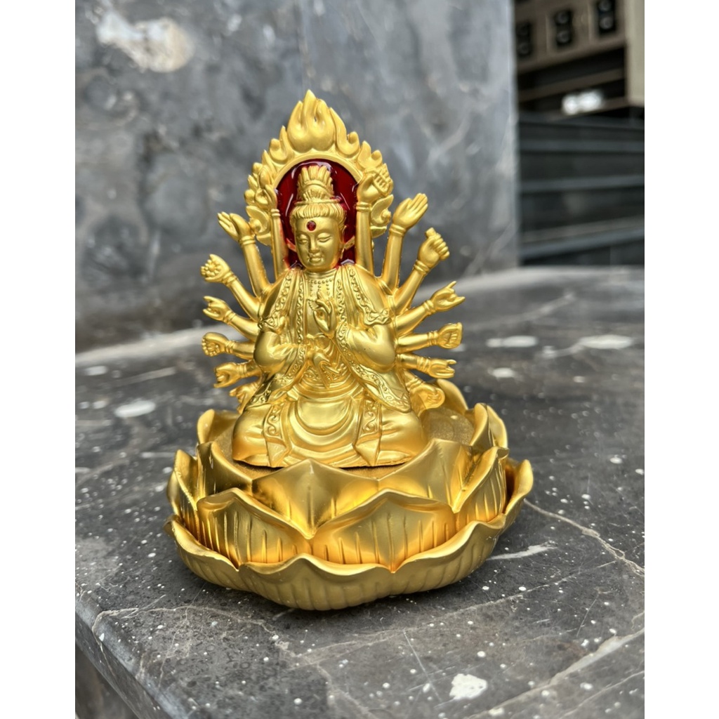Tượng Phật Bà Quan Âm Nghìn Tay Hai Mặt Trang Trí Taplo Xe Hơi, Bàn Làm Việc Mạ Vàng