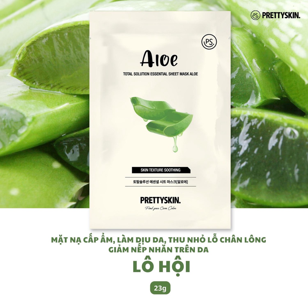 Combo 5 Mặt Nạ Tinh Chất Lô Hội Dưỡng Ẩm, Làm Dịu Da Prettyskin Total Solution Essential Sheet Mask 23ml x5 - ALOE