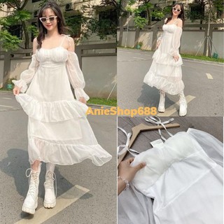 Đầm trắng tiệc công chúa tiểu thư trễ vai xoè bồng ,váy maxi vintage 2 lớp MÚT NGỰC phồng xinh ANIESHOP688 ,váy trễ vai