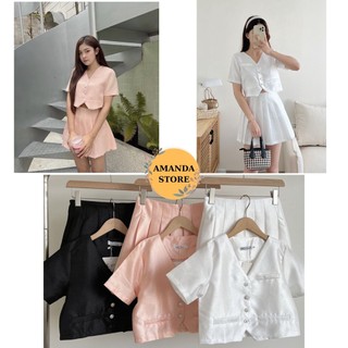 Set Váy Cổ V Croptop Cộc Tay Cài Cúc Kèm Chân Váy Xếp Li Tiểu Thư Sang Chảnh