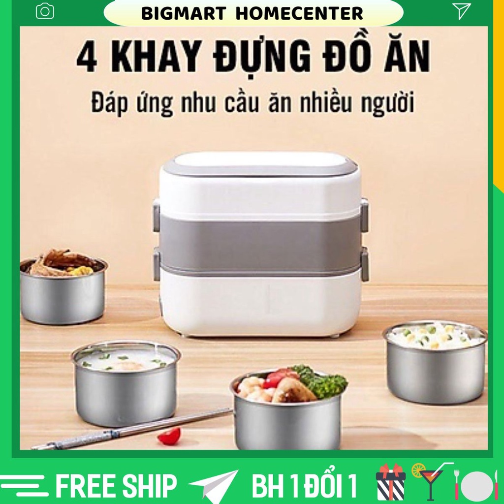 Hộp cơm cắm điện văn phòng 2 tầng 4 bát inox giữ nhiệt