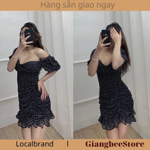 váy Đầm Mini Đen Nhún Thân Cổ Vuông Họa Tiết Bi Tim Chân Bèo - JANGMINA SHOP