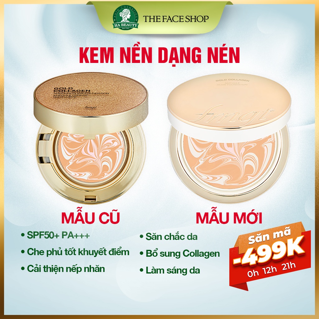 Kem nền trang điểm dạng nén The Face Shop chống nắng fmgt Gold Collagen Ampoule Glow Foundation 10g SPF50+PA+++