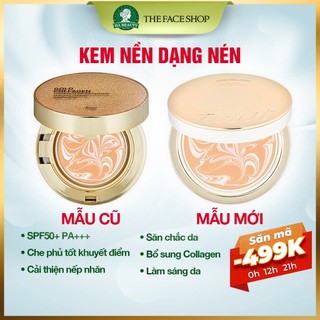 Kem nền trang điểm dạng nén The Face Shop chống nắng fmgt Gold Collagen Ampoule Glow Foundation 10g SPF50+PA+++