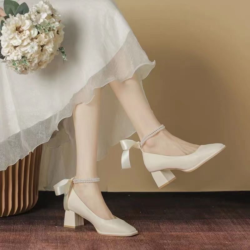 Giày cao gót thời trang phù dâu bít mũi ruy băng dép cao gót