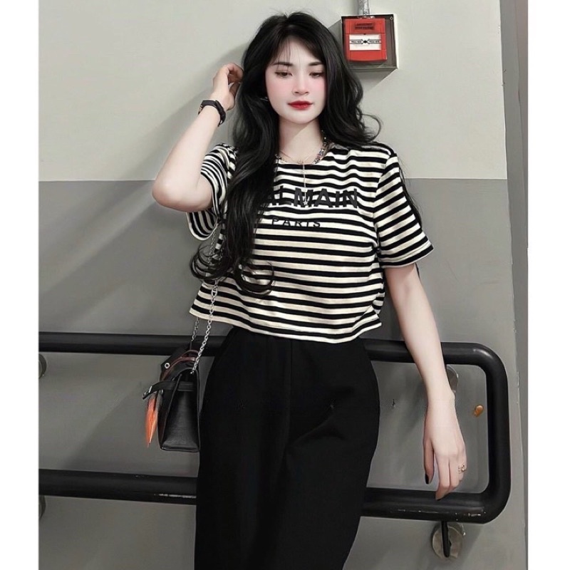 Áo Croptop Nữ Form Rộng Tay Lỡ Cổ Tròn B.AL.MA.N Kẻ Sọc Đen Trắng Cotton Co Giãn