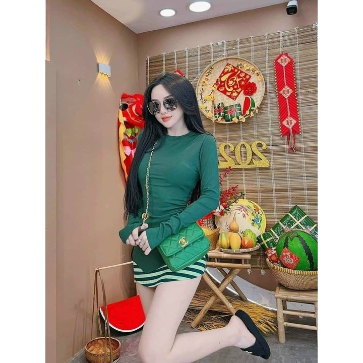 FREESHIP Sét Bộ Đồ NỮ áo Thun Tay Dàu CHéo Tà Mix Chân Váy Ôm Body Kẻ Sọc, Sét Bộ Thun Đi CHơi Co Giản Dể Thương Cá Tính