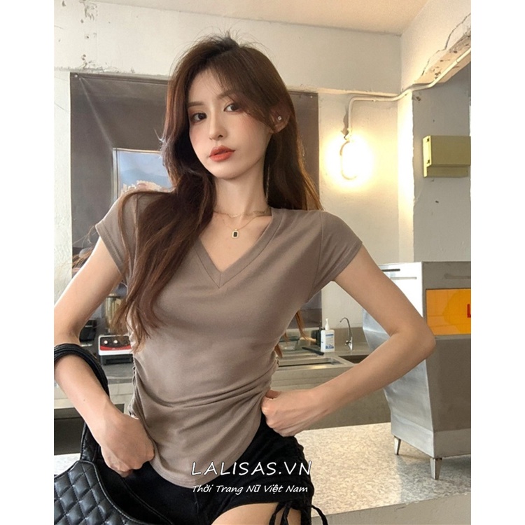 Áo Thun Nữ Ngắn Tay Cổ Chữ V Thời Trang Hàn Quốc