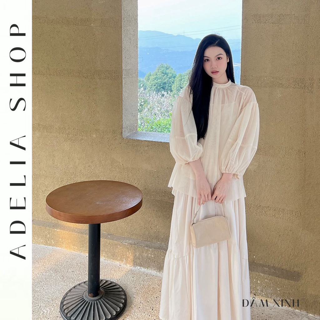 「ADELIA」Set Váy Voan Màu Kem Tiểu Thư DH72 Gồm Áo Sơ Mi Cổ Tròn Và Chân Váy Dáng Xòe 2 Lớp Hàng Quảng Châu